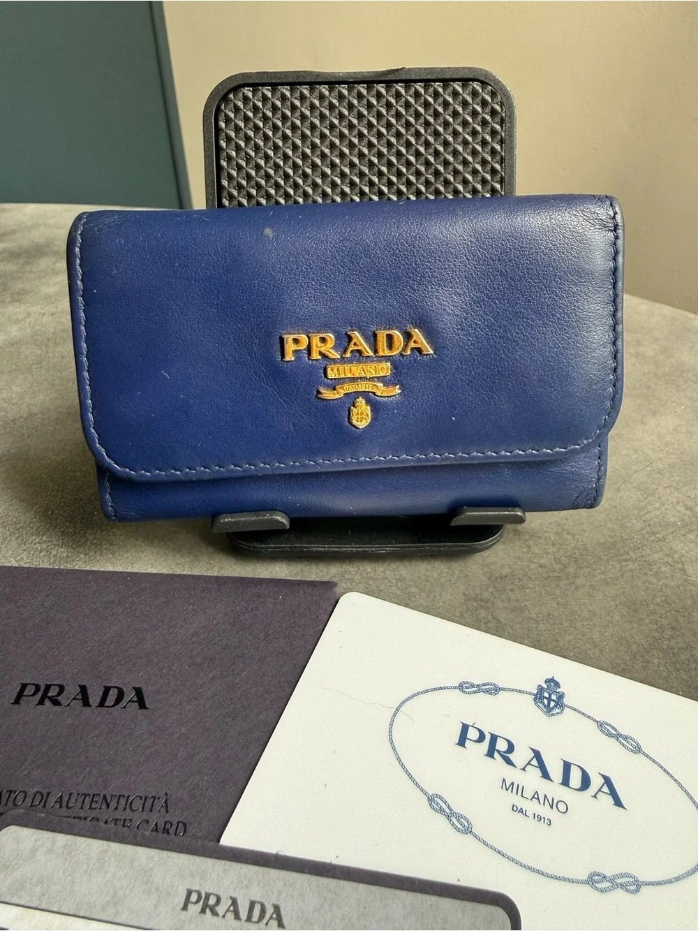 Prada Soft Calf Leather Key Holder Wallet in Blue with Gold Hardware